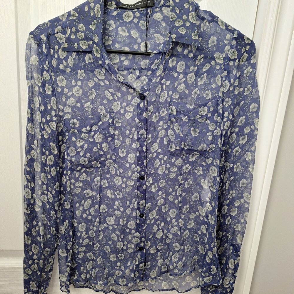 Zara 100% Silk Blue and White Sheer Floral Blouse
